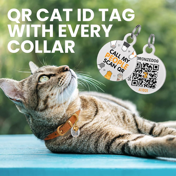 Leather Cat Collar with Removable Bells Non Breakaway Kitten QR Tag for Girl Boy (7" - 9" for Cats, Black & Gold)
