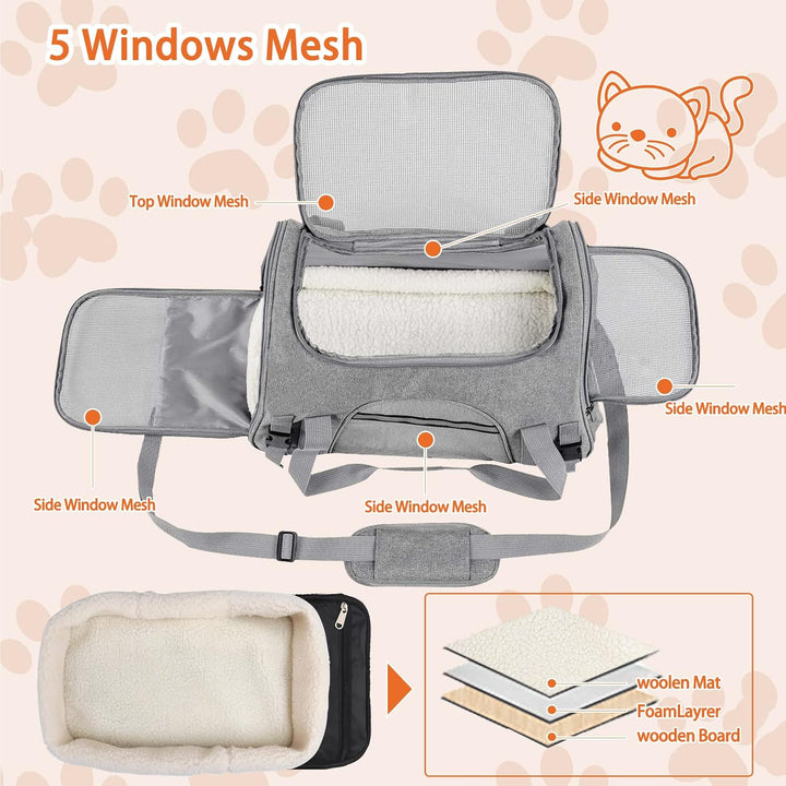 Pet Carrier Bag Airline Approved up for Cats and Dogs up to 20Lbs, Soft Cat Carrier Dog Carrier Travel Kitten Carrier with Mat, Nail Clipper, Brush, Foldable Bowl Cat Accessories