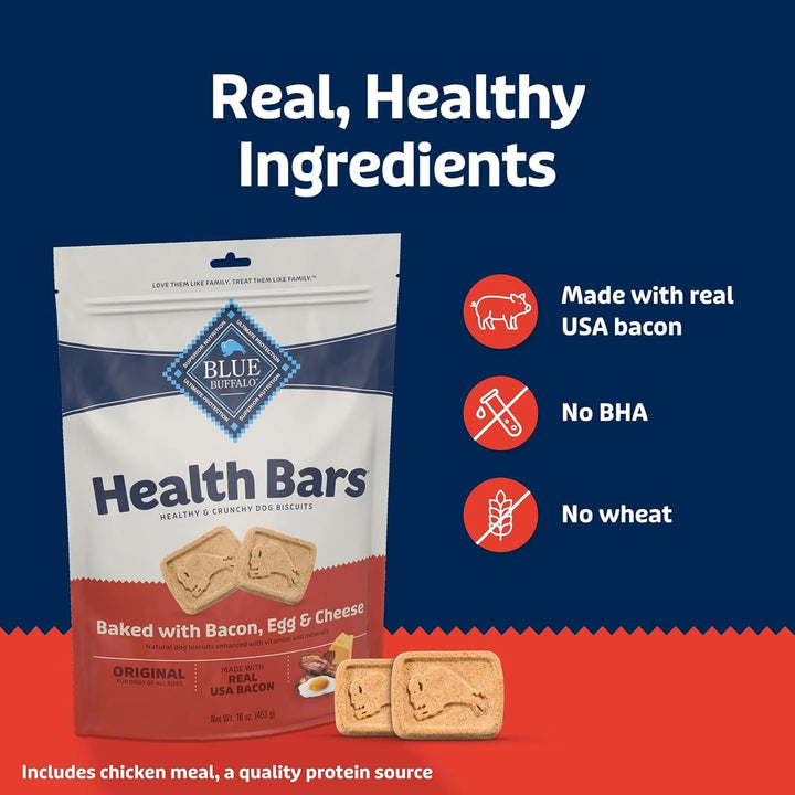 Health Bars Crunchy Dog Biscuits, Oven-Baked with Natural Ingredients, Bacon, Egg & Cheese , 16-Oz Bag