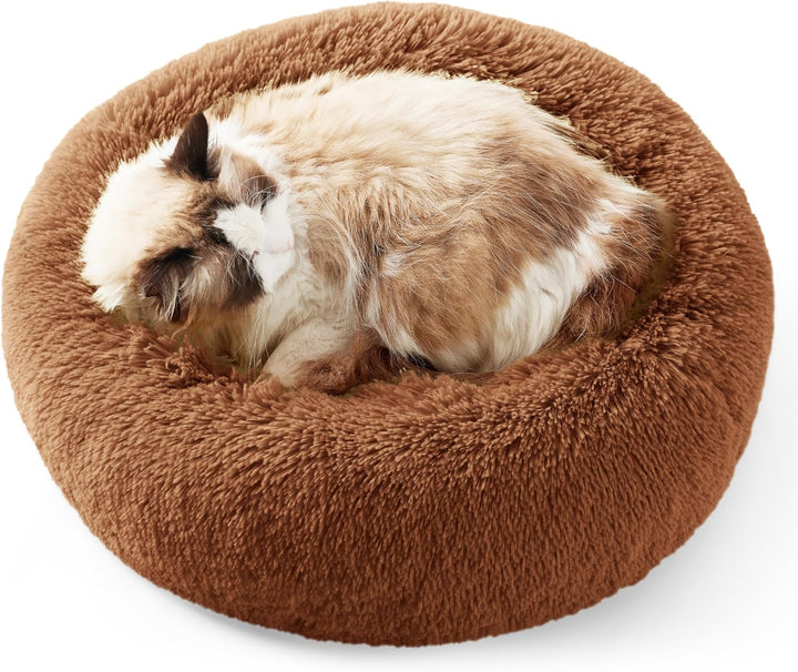 Calming Dog Bed Medium Size Dog - Donut Washable Medium Pet Bed, 30 Inches Anti-Slip round Fluffy Plush Faux Fur Cat Bed, Fits up to 45 Lbs Pets, Camel
