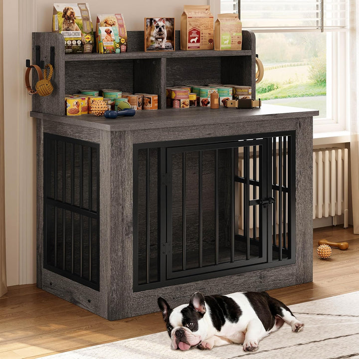 Extra Large Dog Crate Furniture, 43.3 Inches Wooden Dog Crate with Storage and 4 Hooks, Heavy Duty Pet Crate for Large Dog, Decorative Pet Cage for Indoor (30" L X 43.3" W X 41.1" H)