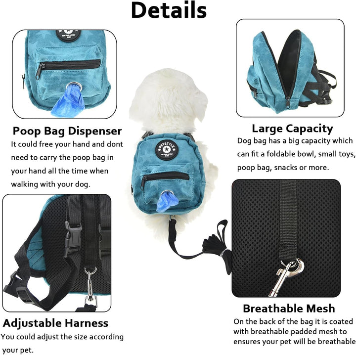 Dog Backpack Harness with Leash, Dog Poop Bag Dispenser, Pet Self Carrier Adjustable Travel Hiking Walking Harness Backpack for Small Medium Dogs (S(Fit:5-10Lb), Blue)
