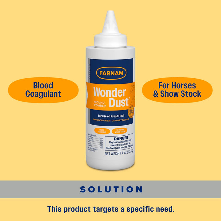 Wonder Dust Wound Powder, Blood Coagulant for Horses and Show Stock, for Use on Proud Flesh, Granulated Tissue, 4 Ounces