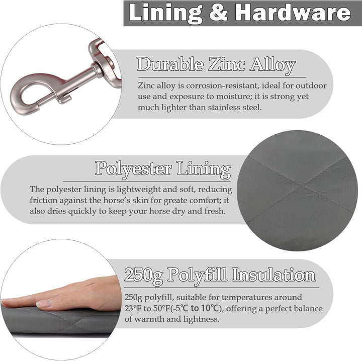 Horse Blankets Winter for Real Horses, 1200D Waterproof Poly Rain Sheets with Neck Cover Belly Wrap Tail Wrap Turnout Blanket, Horses Stuff Care Medium Large Weight Heavy Outdoor Clothes Blue 75 Inch