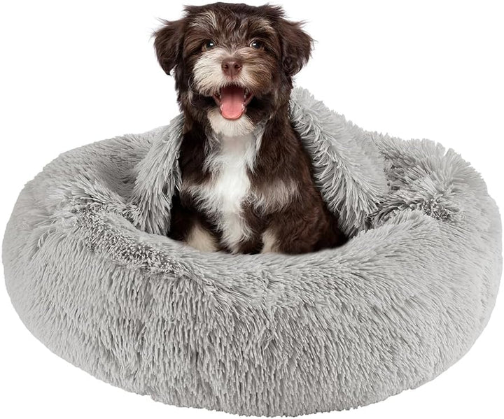 Donut Dog Bed Faux Fur Fluffy Calming Sofa for Medium Dogs, Soft & Plush anti Anxiety Pet Couch for Dogs, Machine Washable Coco Pet Bed with Non-Slip Bottom, 30"X30"X7" Ivory