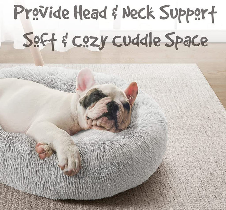 Donut Dog Bed Faux Fur Fluffy Calming Sofa for Medium Dogs, Soft & Plush anti Anxiety Pet Couch for Dogs, Machine Washable Coco Pet Bed with Non-Slip Bottom, 30"X30"X7" Ivory