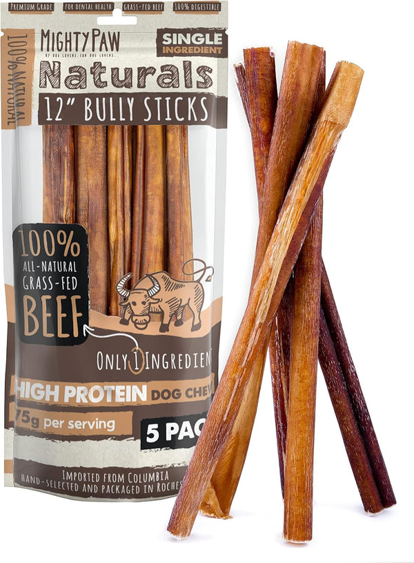Long Lasting 12" Bully Sticks for Dogs - All Natural Grass Fed Beef Chews. Lower Odor Dog Bully Sticks for Large Dogs, Medium and Small Breeds. Single Ingredient Treats