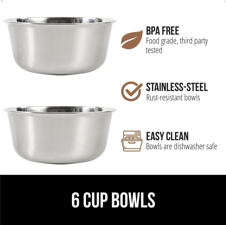 Elevated Dog Bowls Stand, 6 Cup Stainless Steel Food Bowl Set of 2, 5 Height Adjustable Raised Feeding Station for Small Breed Puppy Dogs and Cats, Medium, Large Sized Pets Feeder, Black