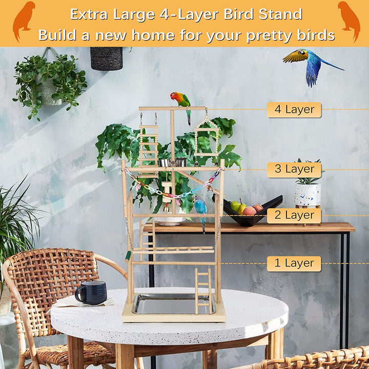 Pet Parrot Playstand Parrots Bird Playground Bird Play Stand Wood Perch Gym Playpen Ladder with Feeder Cups Bells for Cockatiel Parakeet (4 Layers)
