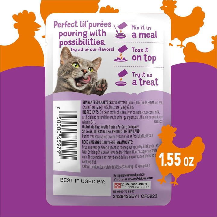 Purina  Pureed Cat Food Topper, Lil’ Shakes with Enticing Chicken Lickable Cat Treats - (Pack of 16) 1.55 Oz. Pouches