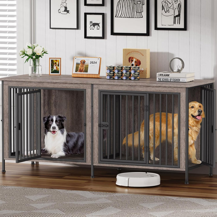 Dog Crate Furniture for 1 or 2 Dogs, Heavy Duty Single/Double Dog Crates for Small/Medium/Large Dogs, Dog Kennel Furniture Indoor as TV Stand, Large Size 78.74" L(35-60 Pounds), Brown