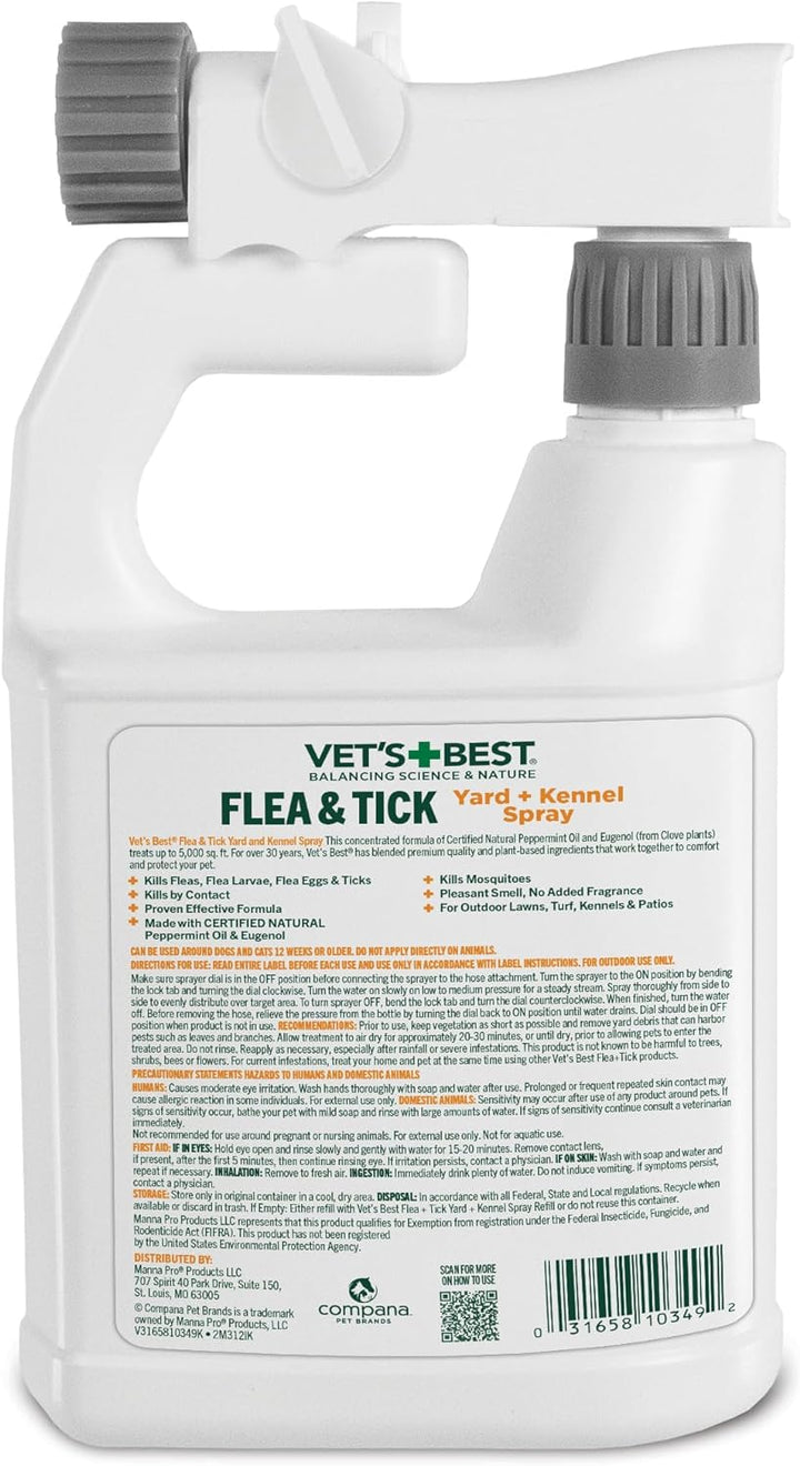 Flea and Tick Yard & Kennel Spray, Dog Flea Spray That Kills Fleas, Mosquitoes, & Ticks, Plant-Based Ingredients, Plant Safe Ready-To-Use Hose Attachment, 32 Fl Oz