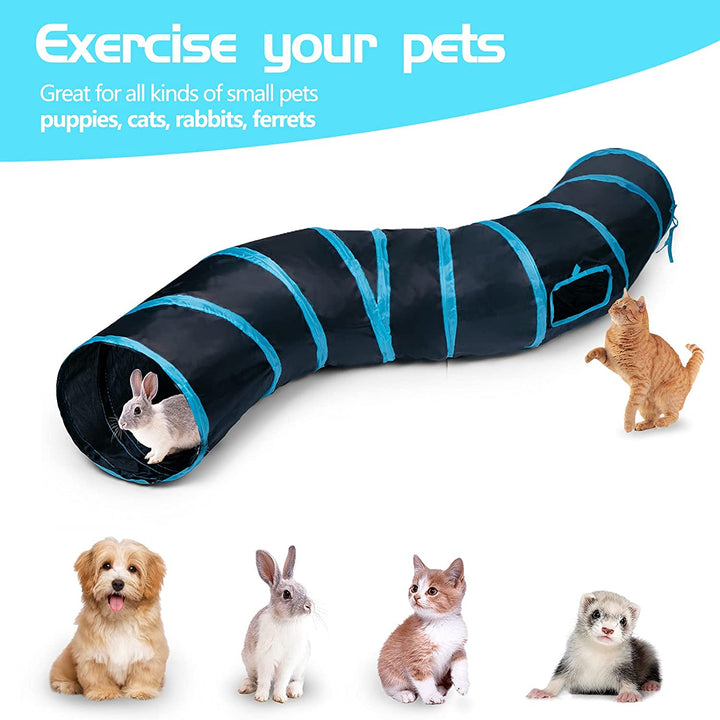 Cat Tunnel, S-2-Way Cat Tunnels for Indoor Cats, Collapsible Cat Play Tunnel, Interactive Toy Maze Cat House with 1 Play Ball for Cats, Puppy, Kitty, Kitten, Rabbit (Blue & Black)