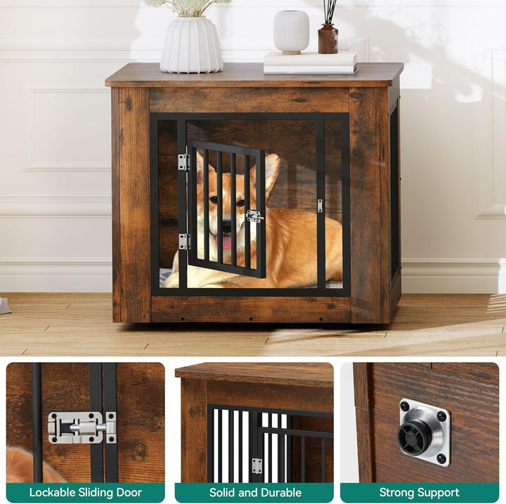 27.2" L Dog Crate Furniture for Medium Dogs, 2-In-1 Iron-Wood Fusion Dog Cage Indoor up to 30 Lb, Side End Table, Modern Dogs Kennel with Waterproof Top, Safety Corners,Steel Lock,Rustic