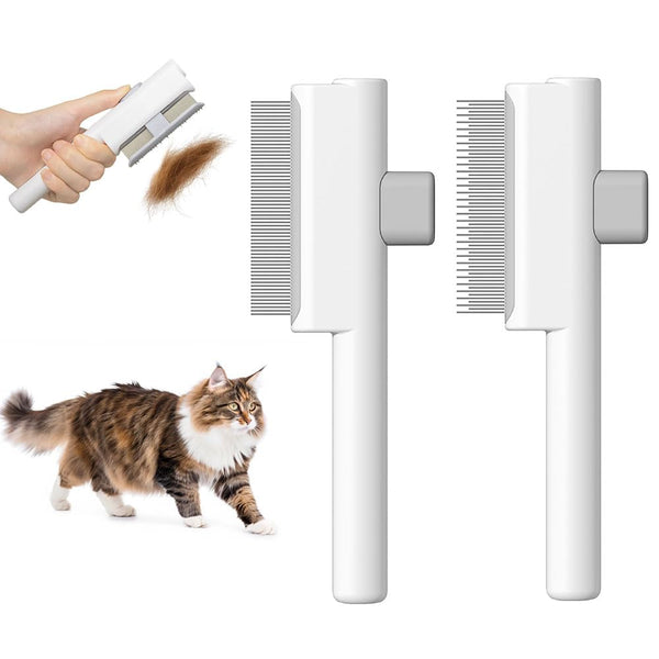 2Pcs Pet Comb Flea Comb Set for Cats Dogs, Cat Grooming Brush with Release Button and Stainless Steel round Teeth, Self-Cleaning Dog Combs for Removing Pet Hair, Knots & Loose Fur, White