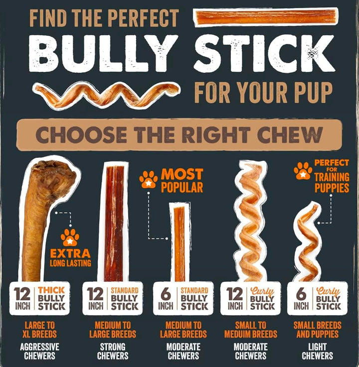Long Lasting 12" Bully Sticks for Dogs - All Natural Grass Fed Beef Chews. Lower Odor Dog Bully Sticks for Large Dogs, Medium and Small Breeds. Single Ingredient Treats
