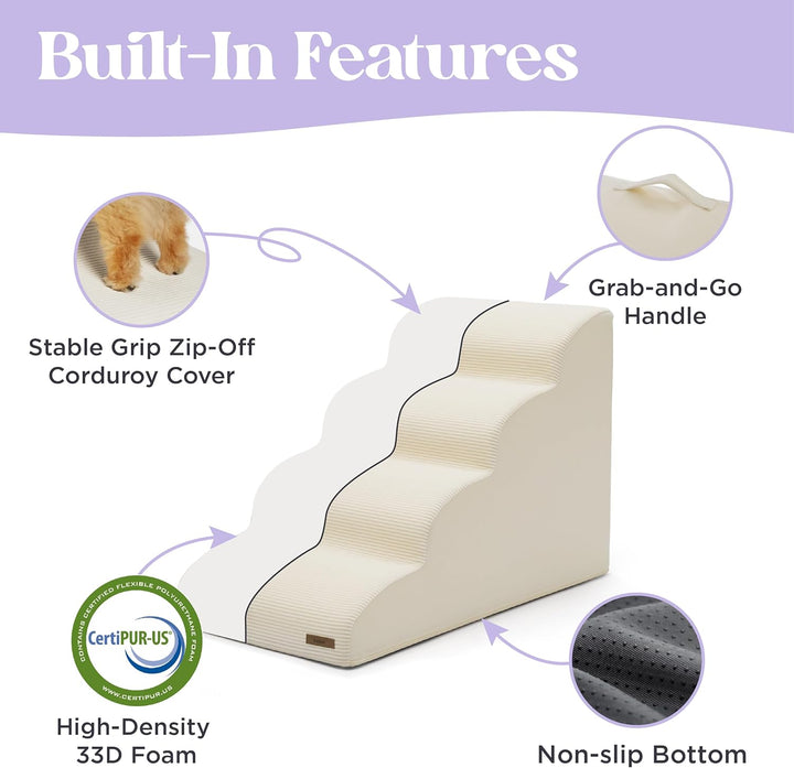 Dog Stairs for Large Dogs Pet Steps Ramp for High Bed and Couch with Certipur-Us Certified Foam with Non-Slip Bottom, Beige, 4 Steps