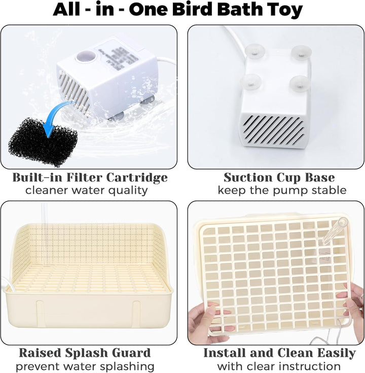 Automatic Parakeet Bird Bath with Pump, Large Bird Shower Fountain Indoor Bathtub with Running Water, Parrot Bath Tub Faucet for Pet Birds, African Grey, Cockatiel, Conure, Budgie, Lovebird (White)