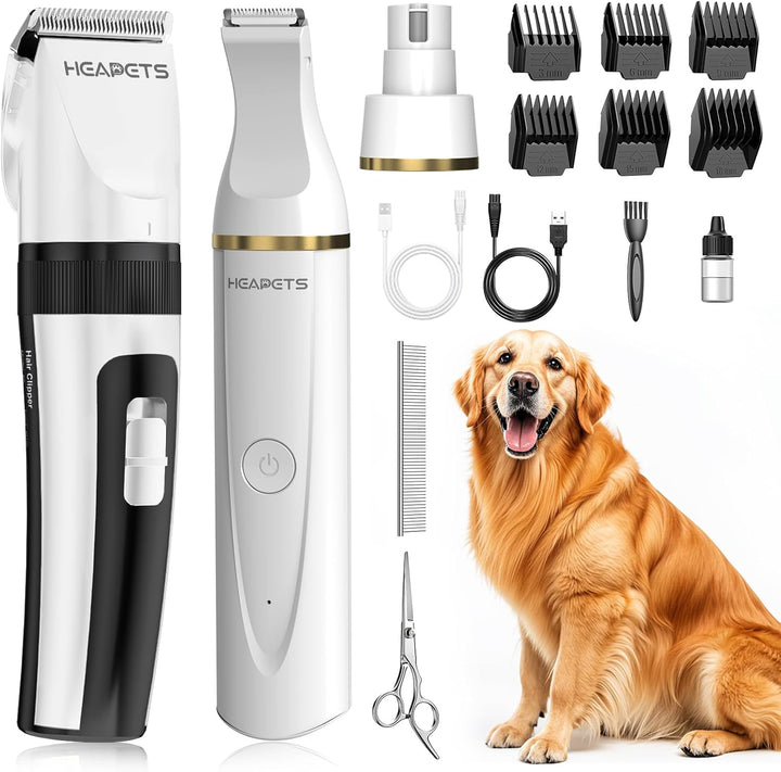Dog Hair Clippers for Grooming Kit and Dog Paw Trimmer Nail Grinder for Grooming, Low Noise Rechargeable Cordless, Shaver Grooming Supplies for Pet Cats Dogs (Black, White)