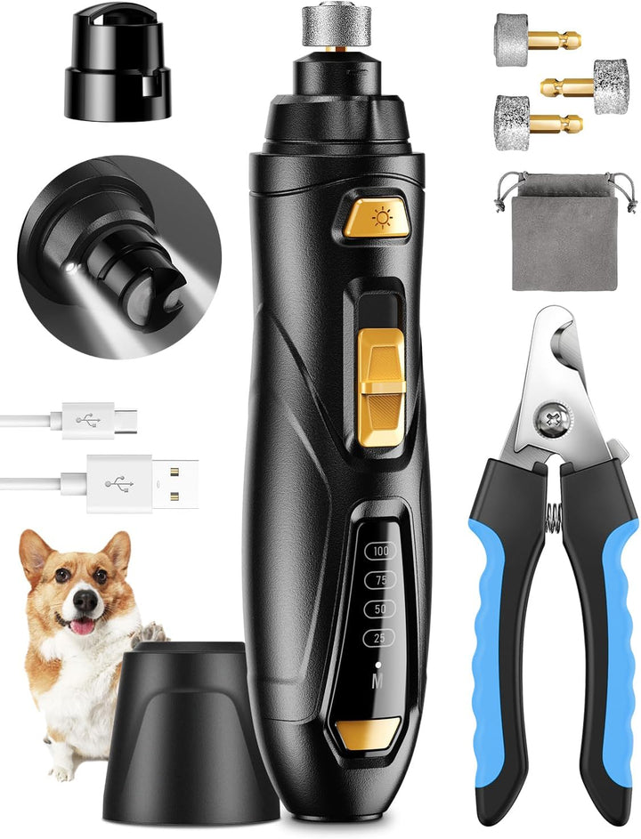 Dog Nail Grinder & Clipper 2-In-1 Set - 25Db Ultra Quiet with 3 Grinding Wheels & 2 LED Lights, Rechargeable for Large/Puppy Dogs & Cats, 3-Speed Adjustable for Anxious Pets