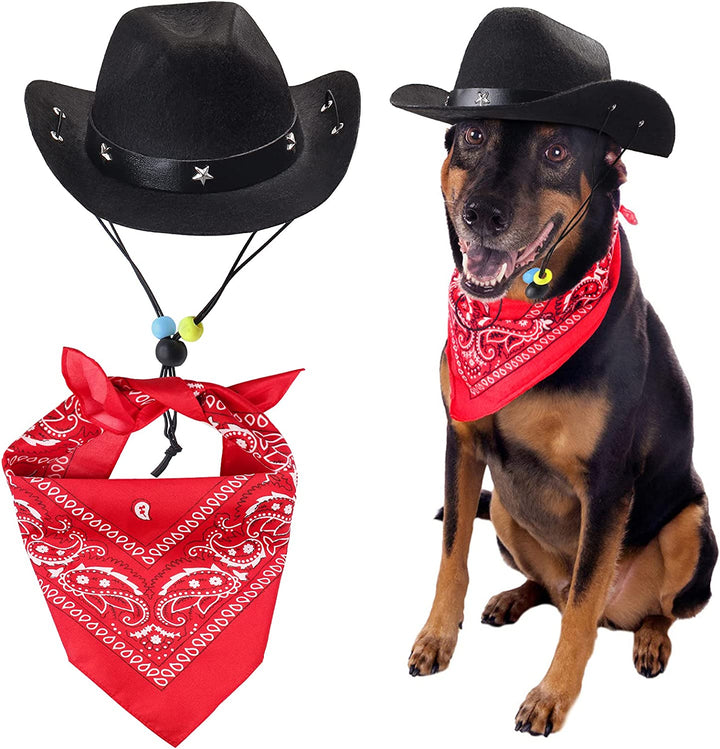 Pet Cowboy Costume Accessories - Dog Cat Pet Size Cowboy Hat and Bandana Scarf West Accessories for Puppy Kitten Party Festival and Daily Wearing Set of 2 (Coffee)