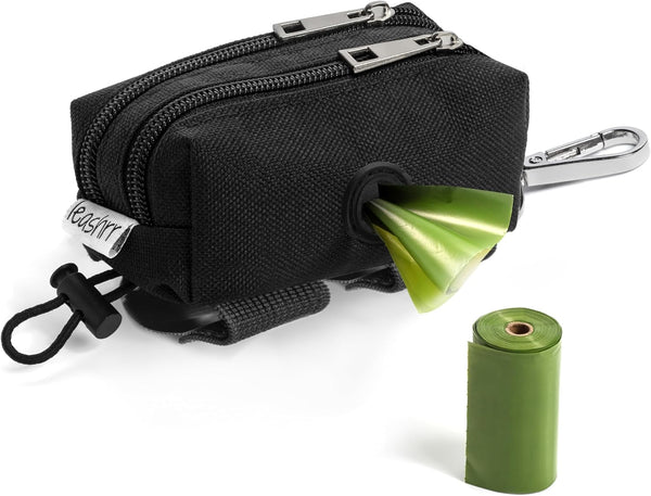 Dog Poop Bag Holder for Leashes - Dog Poop Bag Dispenser and Treat Holder with 2 Waterproof Pouches for Pet Waste Bags and Walking Accessories + 1 Free Roll -  (Black)