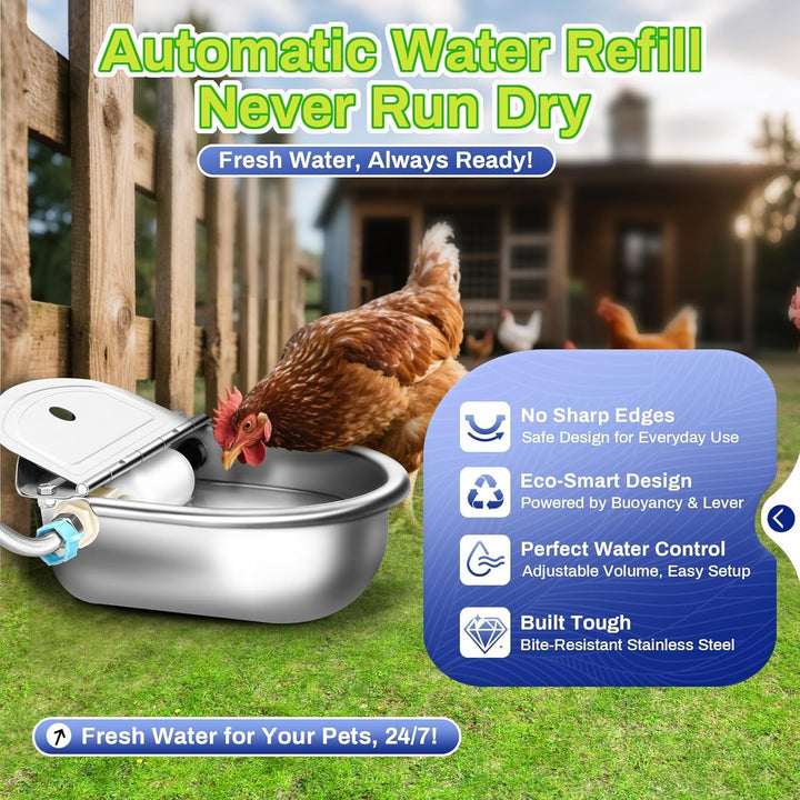 Automatic Animal Drinking Water Bowl with Float Valve, 304 Stainless Steel Kit Includes Bowl, Pipe, 2 Valves, Quick Connector Adapter and Countersunk Bolts. (Auto-Filling)