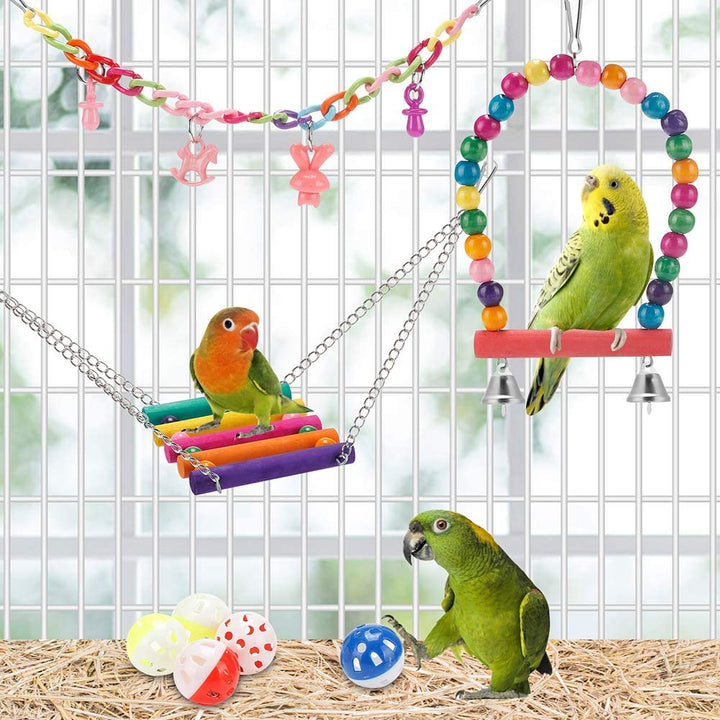Swing Hanging Standing Chewing Toy Hammock Climbing Ladder, Cage Colorful Toys Suitable for Budgerigar, Parakeet, Conure, Cockatiel, Mynah, Love Birds, Finches
