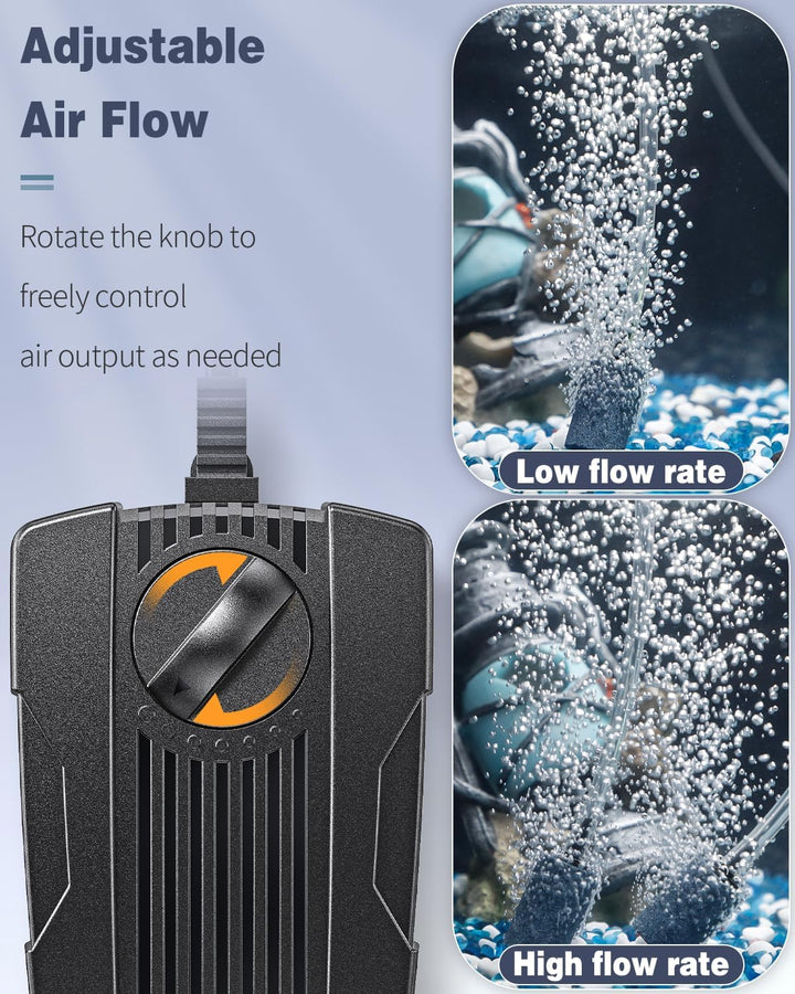 Aquarium Air Pump Oxygen Pump for 10-200 Gallon Fish Tanks Buckets Dual Outlet Adjustable Ultra Quiet Aerator Pump with Accessories