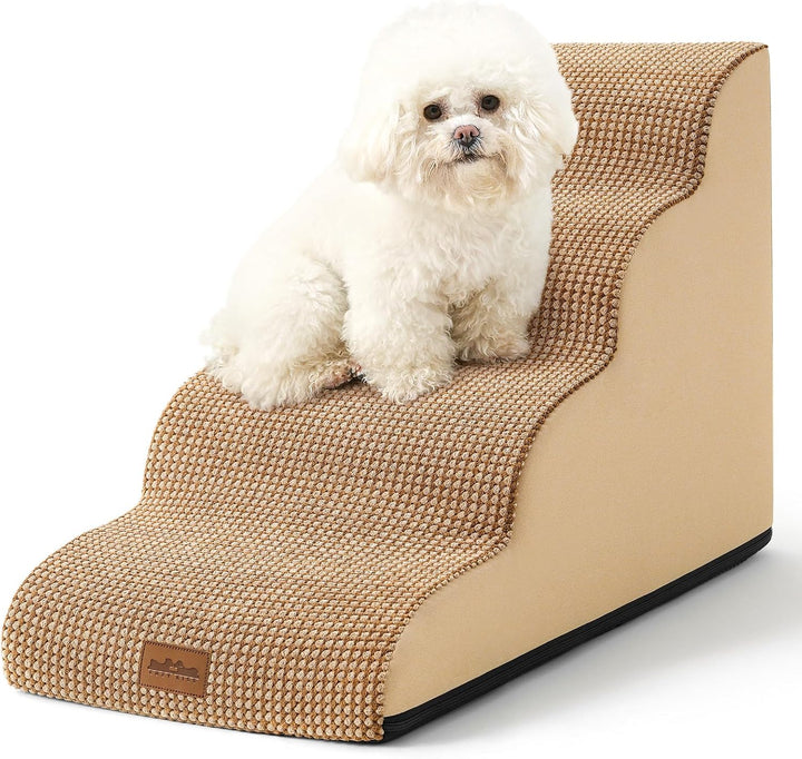 Dog Stairs for Small Dogs 15.7" H, Curved Dog Step for Puppy, Older Cat, Medium Pet Ramp for Sofa, Couch or Chair, Ladder with High Density Foam, 15.7X22.4X15.7 Inch, 3 Step, Beige