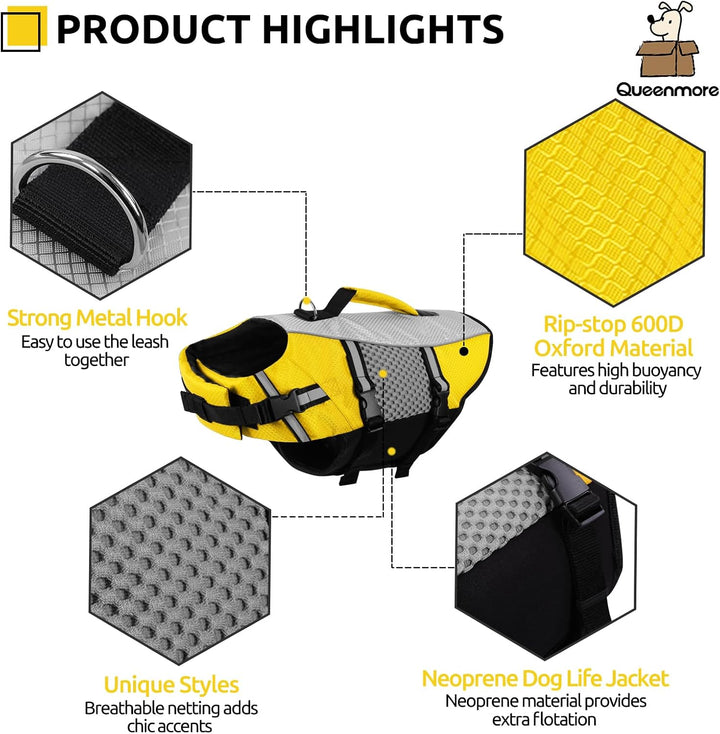 Dog Life Jacket Swimming Vest Small Medium Dogs Neoprene Life Vest Lightweight Reflective Dog Lifesaver for Boating Kayaking Yellow,M