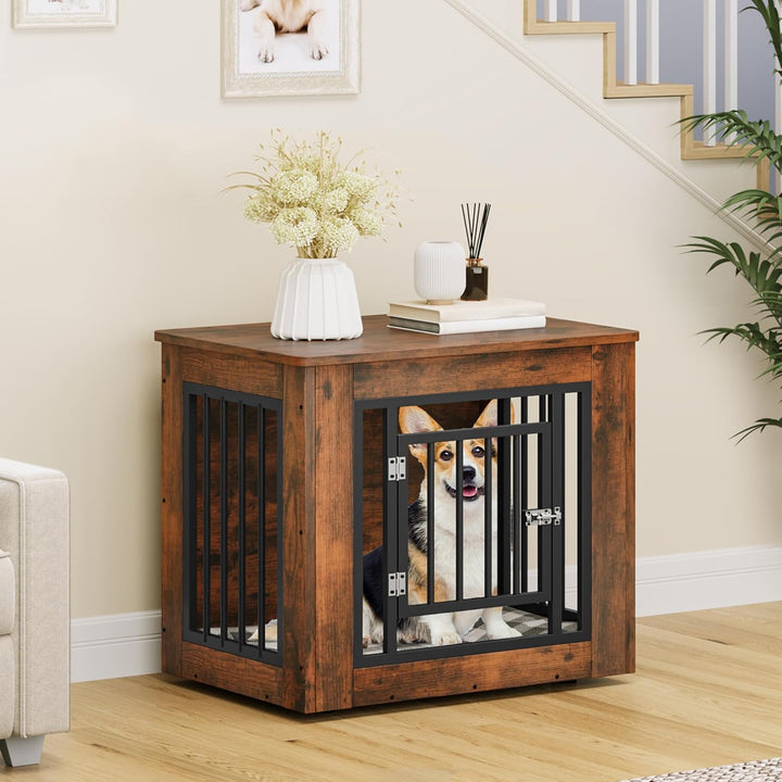 27.2" L Dog Crate Furniture for Medium Dogs, 2-In-1 Iron-Wood Fusion Dog Cage Indoor up to 30 Lb, Side End Table, Modern Dogs Kennel with Waterproof Top, Safety Corners,Steel Lock,Rustic