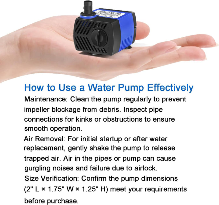 Small Fountain Pump, 80 GPH Submersible Water Pump for Aquarium Fish Tank, Outdoor Water Fountain, Hydroponics, Pond