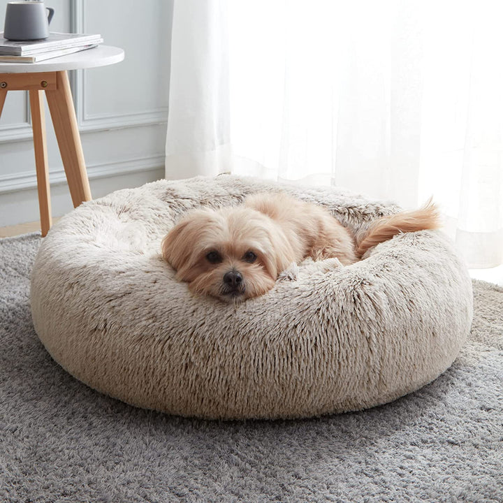Calming Soft round Dog & Cat Bed, Anti-Anxiety Donut Cuddler Warming Cozy Fluffy Faux Fur Plush Cushion Bed for Small Medium Dogs and Cats (20"/24"/27"/30"), Light Grey