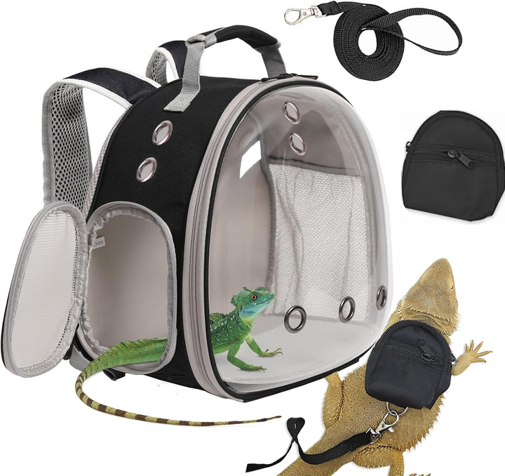 Small Animal Travel Backpack Carrier,Portable Bearded Dragon Bag for Sugar Glider,Hedgehog,Rat,Bunny,Rat,Outdoor Used (Black, Carrier L+ I Leash)