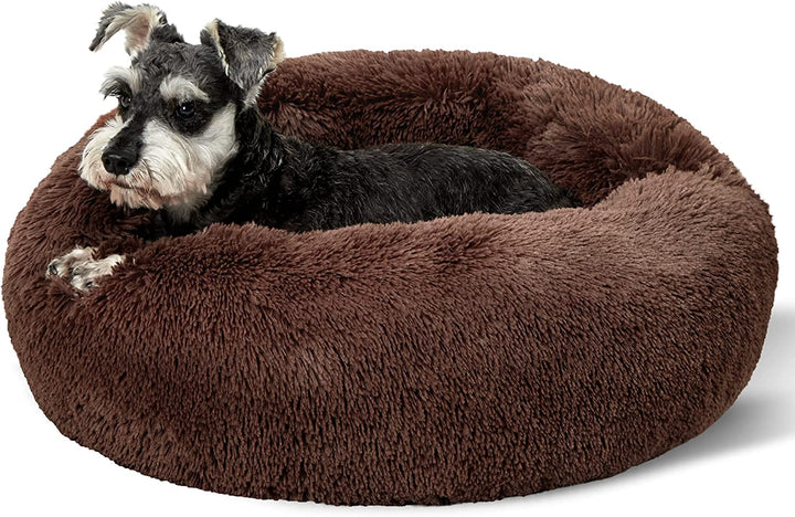 Calming Dog Bed Medium Size Dog - Donut Washable Medium Pet Bed, 30 Inches Anti-Slip round Fluffy Plush Faux Fur Cat Bed, Fits up to 45 Lbs Pets, Camel