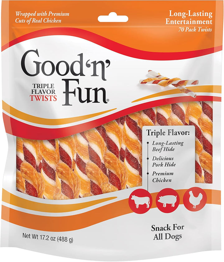 Good ‘N’ Fun Triple Flavor Twists for All Dogs, 70 Count, Treat Your Dog to Long-Lasting Chews Made with Beef Hide, Pork Hide and Chicken