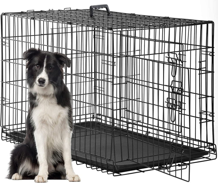 Dog Crate for Small Dogs 24 Inch Folding Metal Wirepet Cage Double Door W/Divider Panel Indoor Outdoor Kennel Leak-Proof Plastic Tray,Black