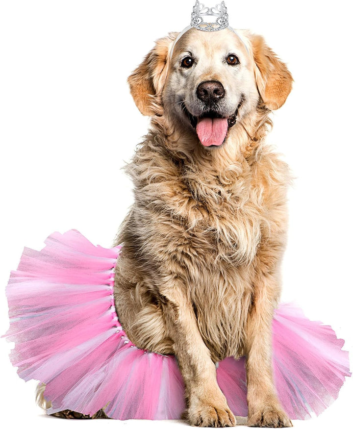 2 Pcs Dog Crown Headband Dog Tutu Dress Set Crystal Rhinestone Tiara Crown Tutu Skirt Pet Dress Costume for Puppy Birthday Party Wedding Photo Prop Costume(X-Large,Rose Red, White)