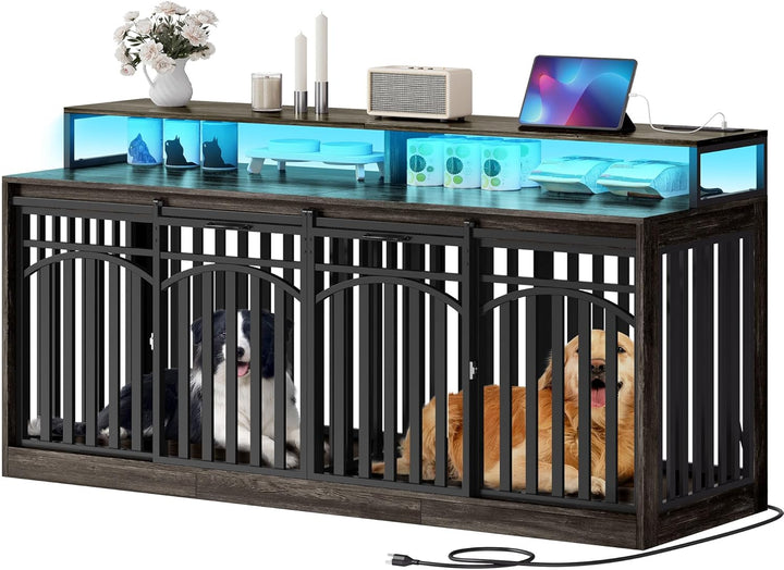 71" Double Dog Crate Furniture with LED Light & Power Outlets, Heavy Duty Dual Dog Kennel TV Stand W Storage Shelves Sliding Doors, Wooden Two Dog Cage Table 2 Medium Large Dogs, Black Oak
