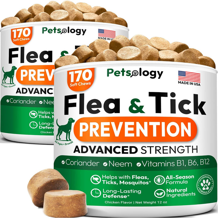 Flea and Tick Prevention for Dogs Pills - Natural Dog Flea & Tick Control - 170 Soft Chewables - Oral Defense Treatment for Dogs Supplement - Vet Formulated Chews - All Breeds & Ages - Made in USA