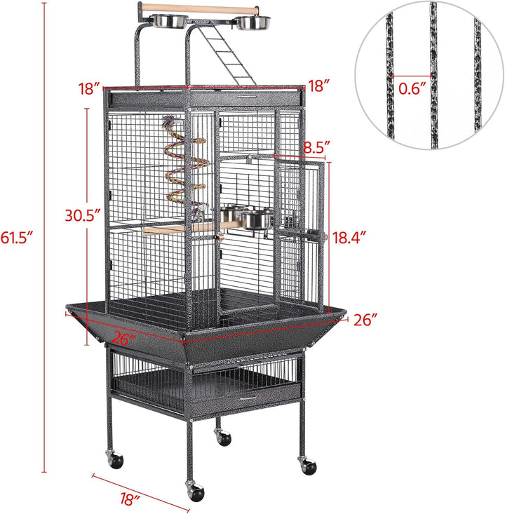 61-Inch Playtop Wrought Iron Large Parrot Bird Cages with Rolling Stand for Cockatiels Amazon Parrot Quaker Conure Parakeet Lovebird Finch Canary Small Medium Parrot Cage Birdcage, Black