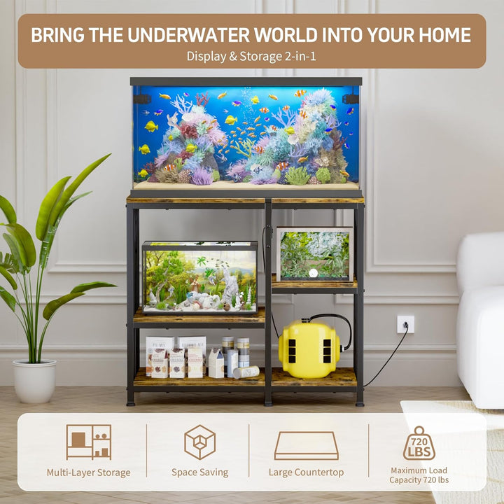 Reinforced 40-50 Gallon Aquarium Stand with Power Outlet | Ultra-Stable 750LBS Capacity Metal Fish Tank Stand for Reptile/Aquatic Setups, 5-Tier Adjustable 37"X19" Steel Shelving System