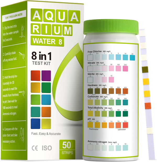8-In-1 Aquarium Test Kit for Fish Tanks - Quick & Accurate Water Testing Strips for Aquariums & Ponds. Tests Ph, Ammonia, Alkalinity, Hardness, Chlorine, Etc. (K02-50)