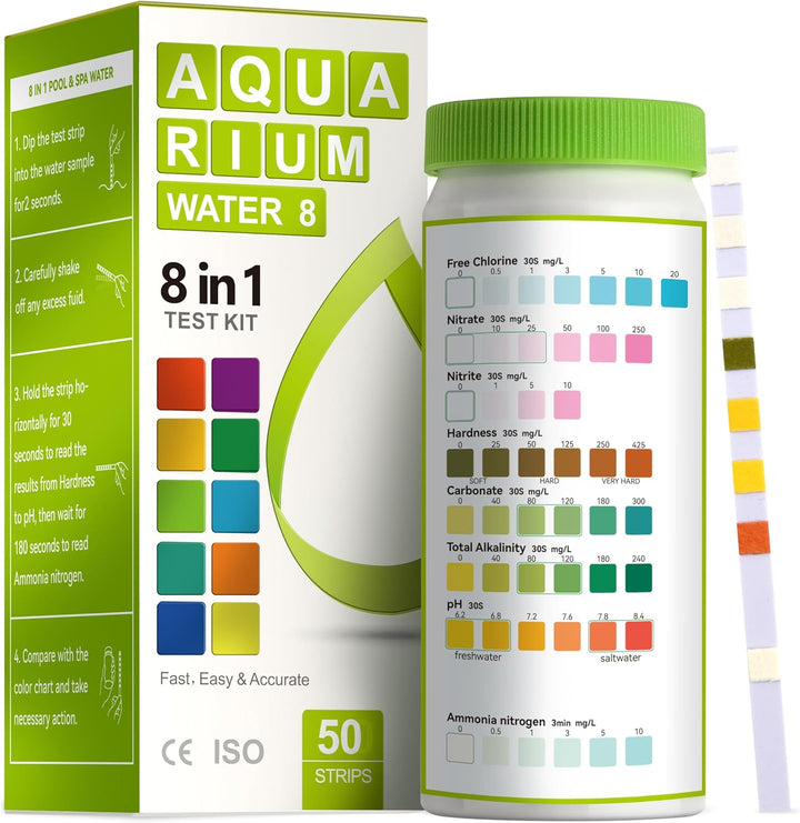 8-In-1 Aquarium Test Kit for Fish Tanks - Quick & Accurate Water Testing Strips for Aquariums & Ponds. Tests Ph, Ammonia, Alkalinity, Hardness, Chlorine, Etc. (K02-50)