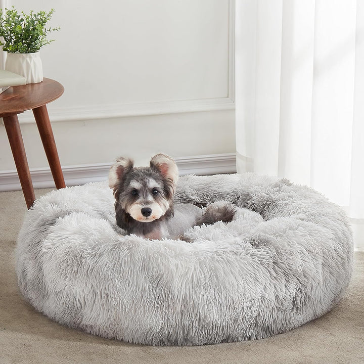 Calming Soft round Dog & Cat Bed, Anti-Anxiety Donut Cuddler Warming Cozy Fluffy Faux Fur Plush Cushion Bed for Small Medium Dogs and Cats (20"/24"/27"/30"), Light Grey