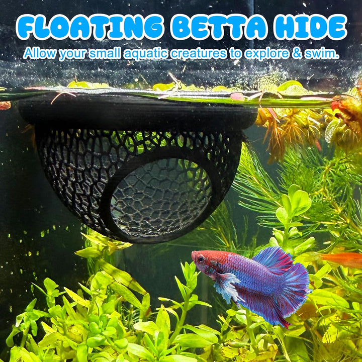 Floating Betta Hide & Shrimp Cave – 3D Printed Aquarium Decor, Multi-Functional Hammock, Feeding Ring & Safe Resting Spot for Betta, Shrimp & Small Fish (PLA, Eco-Safe)