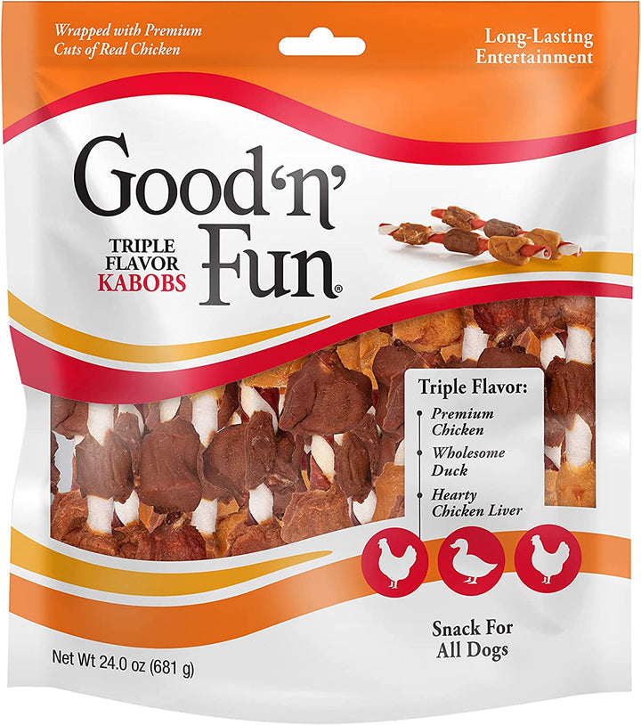 Good ‘N’ Fun Triple Flavor Kabobs Chews for All Dogs, 48 Ounces, Treat Your Dog to Chews Made from Beef Hide, Real Chicken, Pork Hide, Duck and Chicken Liver
