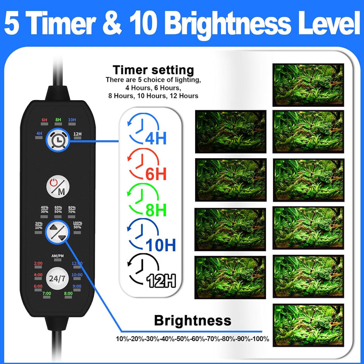 Clip on Aquarium Light for Plants-24/7 Cycle Fish Tank Light with Timer, Full Spectrum+7 Colors Mode, Auto On/Off, Adjustable Brightness and Height, 12W (7Inch for 7-12 Inch Tank)