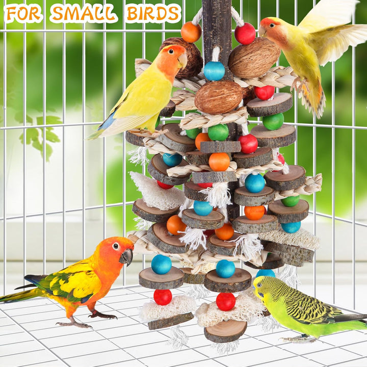 Large Parrot Toys Bird Chewing Toys-Natural Nuts Corn Loofah Wooden Bird Cage Toy for African Grey,Macaws,Conure,Cokatoos,Cockatiel,Amazon Parrots and Other Medium and Small Birds
